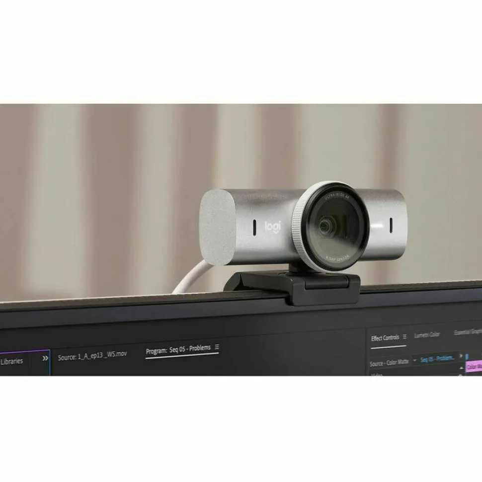 Logitech MX Brio Ultra HD 4K Collaboration and Streaming Webcam, 1080p at 60 FPS, Dual Noise Reducing Mics, Show Mode, USB-C, Webcam Cover, Works with Microsoft Teams, Zoom, Google Meet, Pale Gray