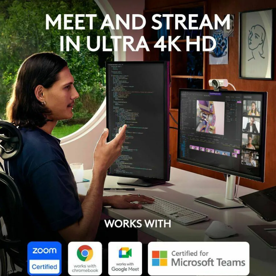 Logitech MX Brio Ultra HD 4K Collaboration and Streaming Webcam, 1080p at 60 FPS, Dual Noise Reducing Mics, Show Mode, USB-C, Webcam Cover, Works with Microsoft Teams, Zoom, Google Meet, Pale Gray