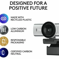Logitech MX Brio Ultra HD 4K Collaboration and Streaming Webcam, 1080p at 60 FPS, Dual Noise Reducing Mics, Show Mode, USB-C, Webcam Cover, Works with Microsoft Teams, Zoom, Google Meet, Pale Gray