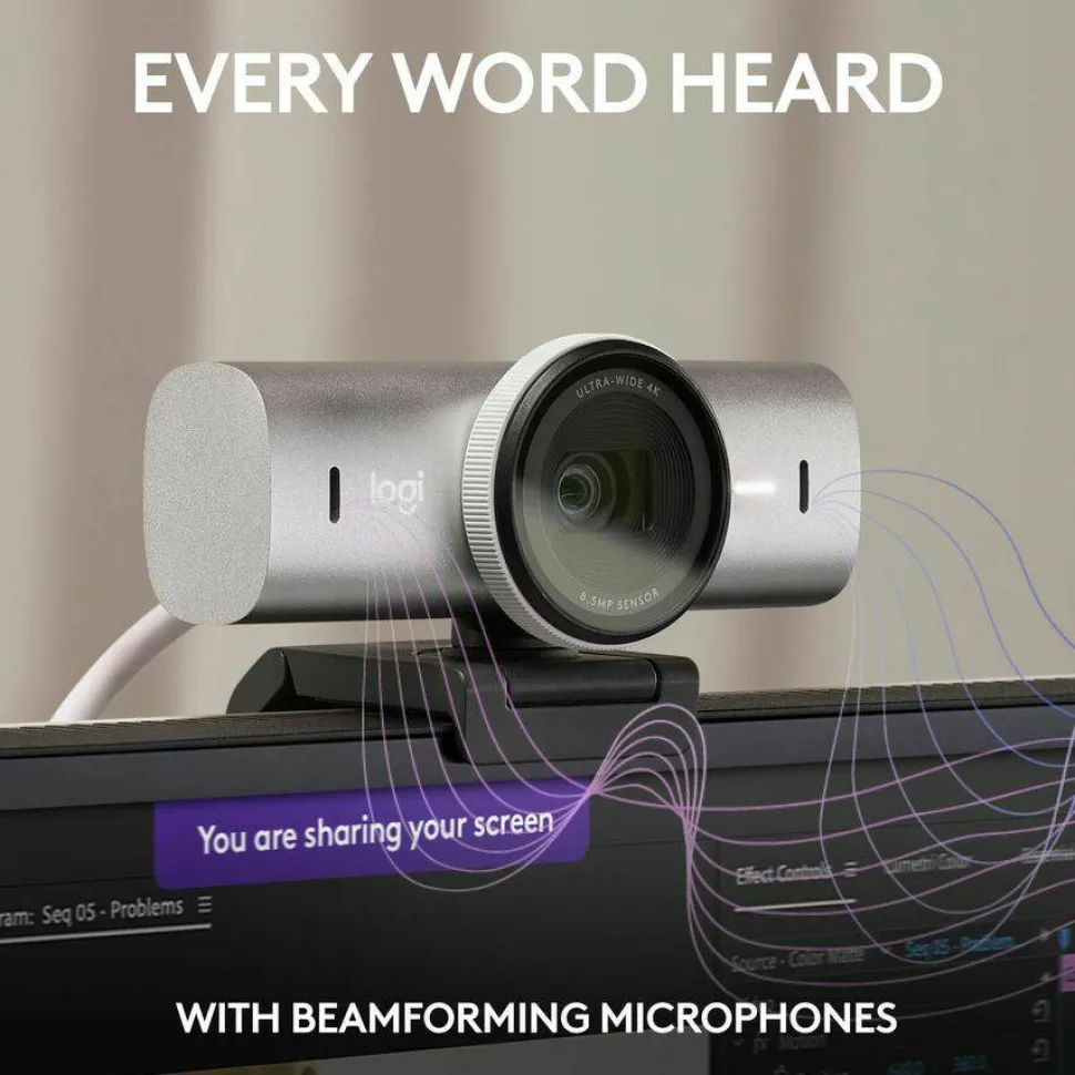 Logitech MX Brio Ultra HD 4K Collaboration and Streaming Webcam, 1080p at 60 FPS, Dual Noise Reducing Mics, Show Mode, USB-C, Webcam Cover, Works with Microsoft Teams, Zoom, Google Meet, Pale Gray