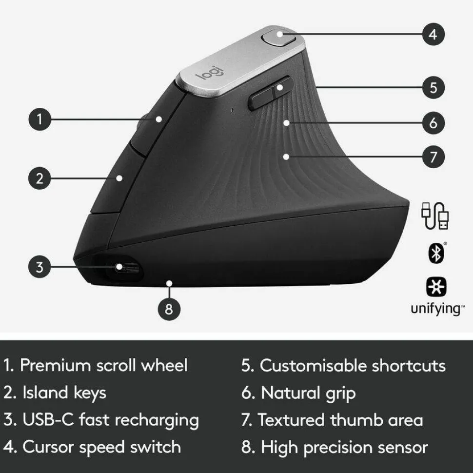 Logitech MX Vertical Advanced Ergonomic Wireless Mouse, Control and Move Content Between 3 Windows and Apple Computers, Graphite - 910-005447
