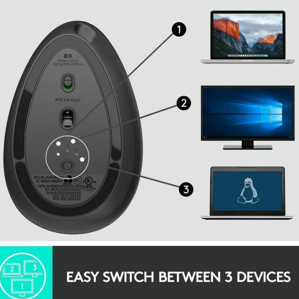 Logitech MX Vertical Advanced Ergonomic Wireless Mouse, Control and Move Content Between 3 Windows and Apple Computers, Graphite - 910-005447