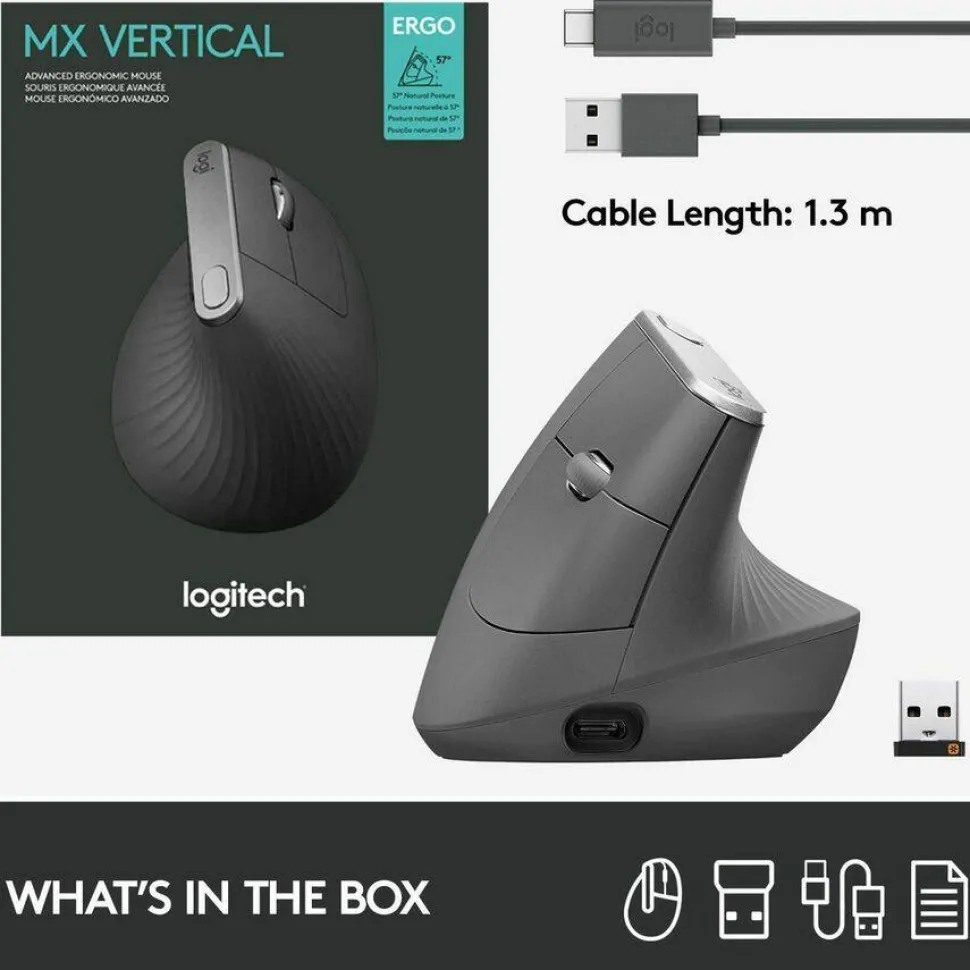 Logitech MX Vertical Advanced Ergonomic Wireless Mouse, Control and Move Content Between 3 Windows and Apple Computers, Graphite - 910-005447