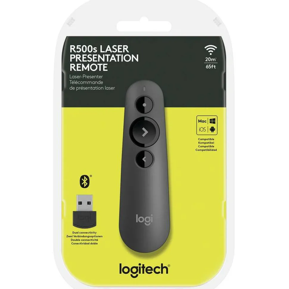 Logitech R500s Laser Presentation Remote, Bluetooth, USB-A Receiver, Presentation Clicker with Laser Pointer (Class 1) for Powerpoint, Keynote, Google Slides