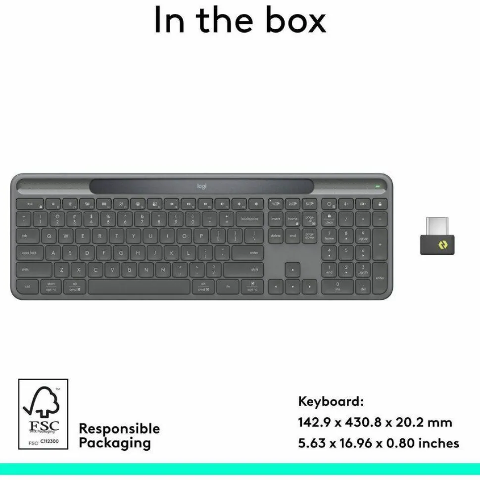 Logitech Signature Slim Solar+ K980 for Business, Wireless Keyboard, Quiet Typing, Secure Receiver, Bluetooth, Windows, Mac - Graphite