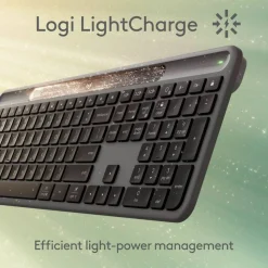 Logitech Signature Slim Solar+ wireless keyboard, solar and artificial light powered, durable battery that lasts up to 10 years, customizable keys, Bluetooth, Graphite