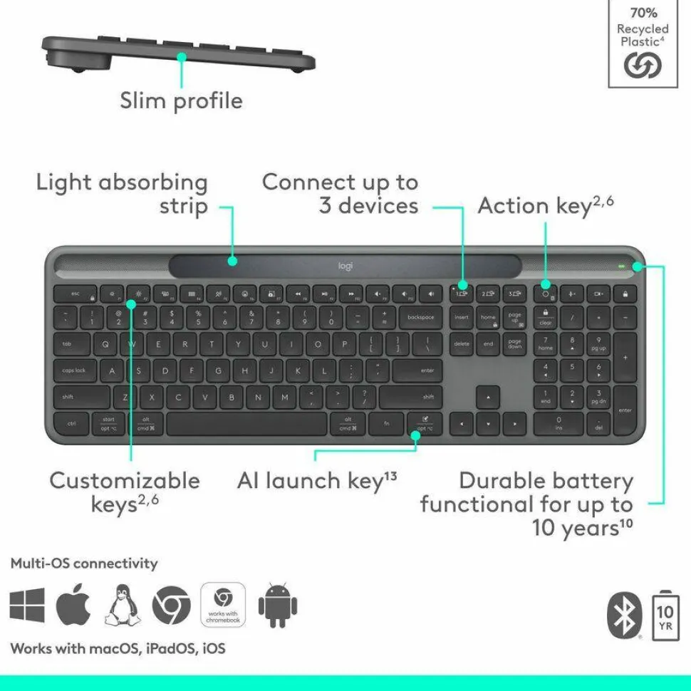Logitech Signature Slim Solar+ wireless keyboard, solar and artificial light powered, durable battery that lasts up to 10 years, customizable keys, Bluetooth, Graphite