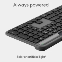 Logitech Signature Slim Solar+ wireless keyboard, solar and artificial light powered, durable battery that lasts up to 10 years, customizable keys, Bluetooth, Graphite