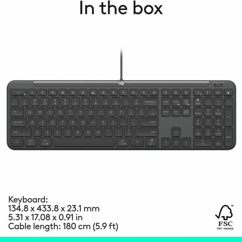 Logitech Signature Slim Wired K620 for Business, Full-Size Keyboard, USB-C Plug-and-Play, scissor keys, Graphite