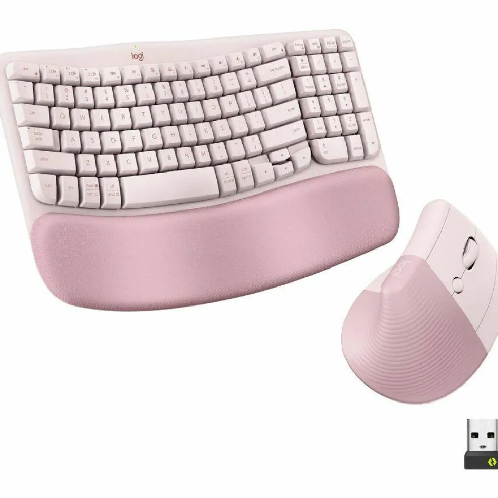 Logitech Wave Keys & Lift Vertical Mouse - Ergonomic Wireless Keyboard and Mouse Combo - with Cushioned Palm Rest (Rose)