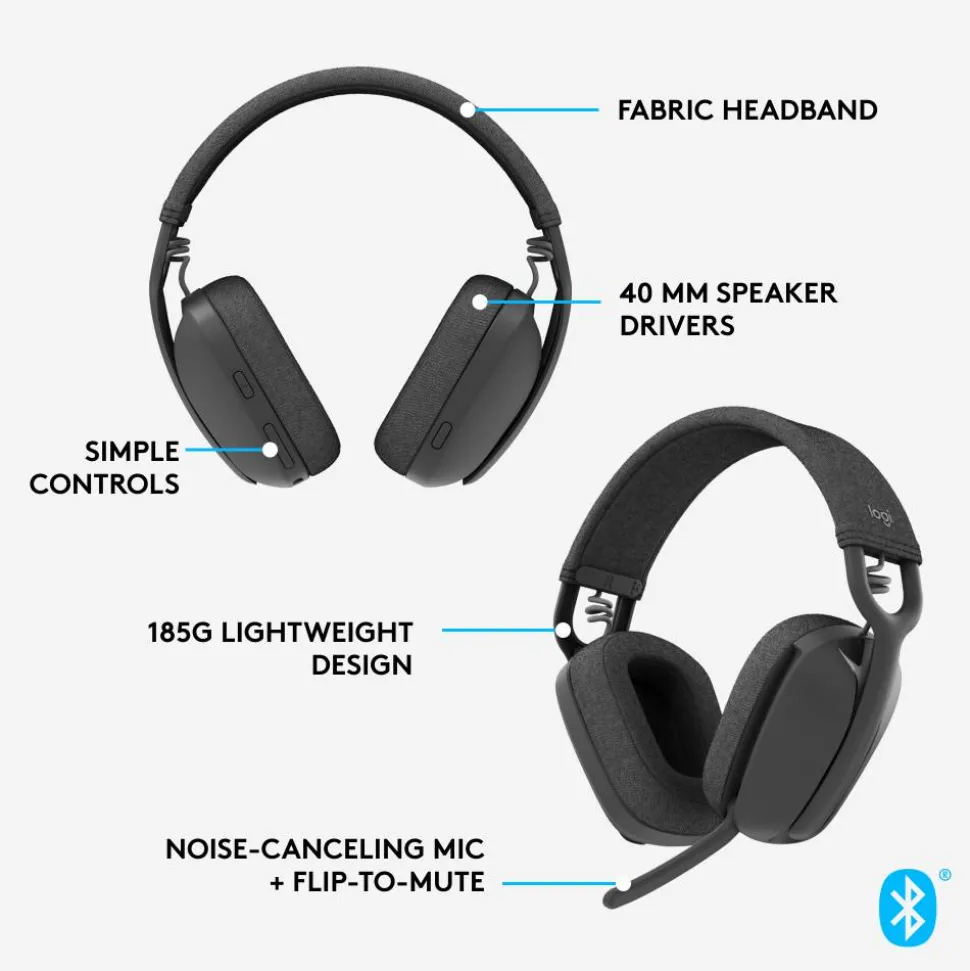 Logitech Zone Vibe 100 Lightweight Wireless Over-Ear Headphones, Graphite, 981-001256