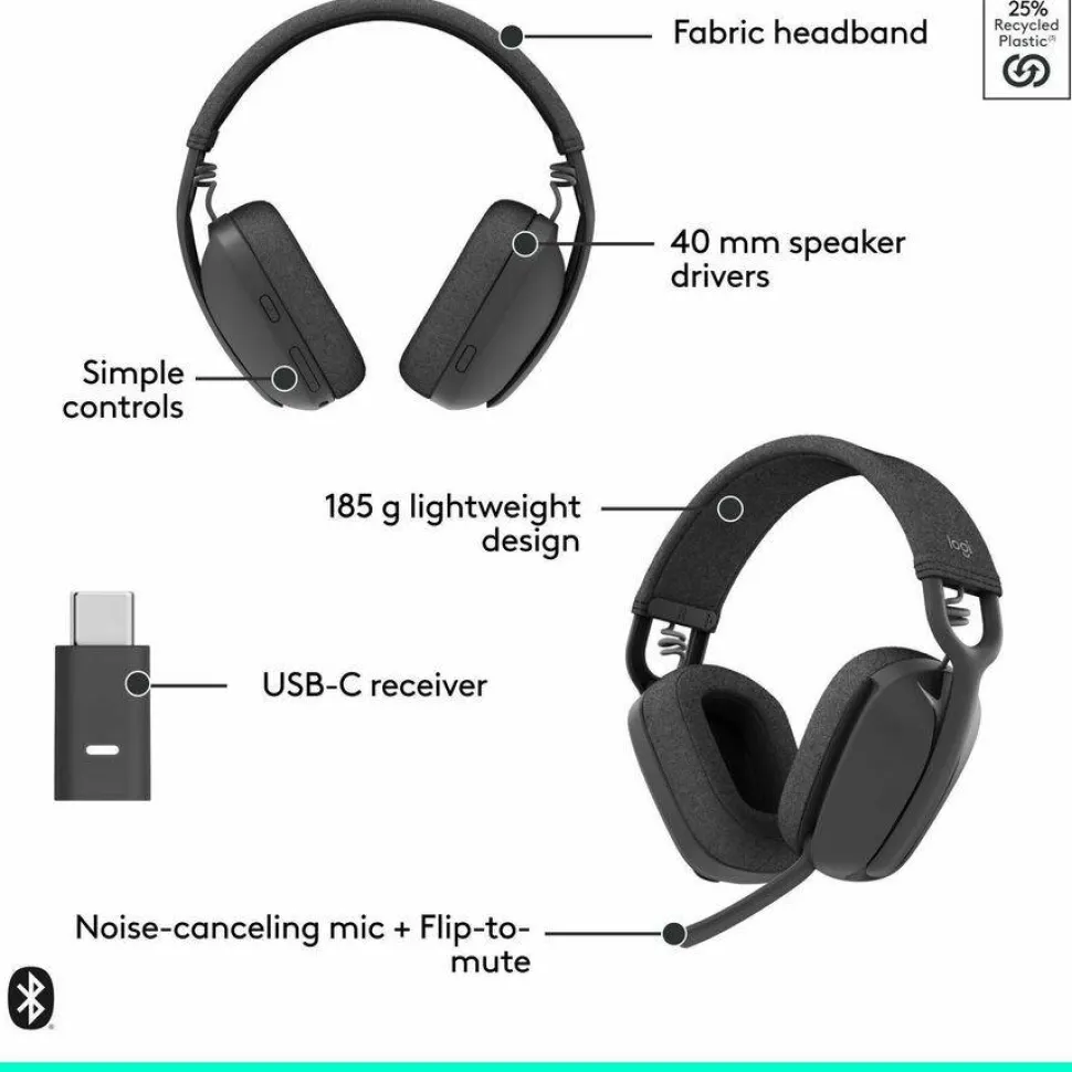 Logitech Zone Vibe Wireless Bluetooth headphones with USB receiver and noise-canceling mic