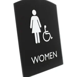 Lorell Arched Women's Handicap Restroom Sign - Print/Message "Women" - 6.8" Width x 8.5" Height - Rectangular Shape - Surface-mountable - Easy Readability, Braille - Plastic - Black - 1 Each