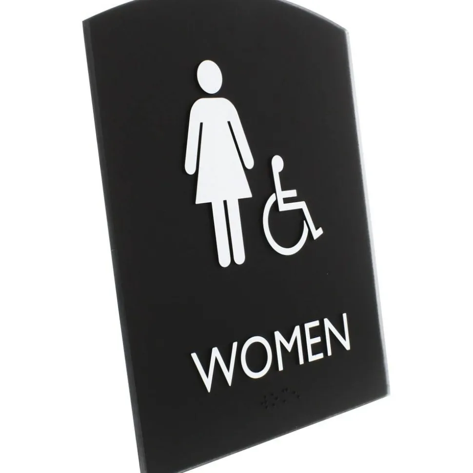 Lorell Arched Women's Handicap Restroom Sign - Print/Message "Women" - 6.8" Width x 8.5" Height - Rectangular Shape - Surface-mountable - Easy Readability, Braille - Plastic - Black - 1 Each