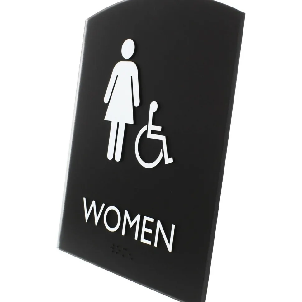 Lorell Arched Women's Handicap Restroom Sign - Print/Message "Women" - 6.8" Width x 8.5" Height - Rectangular Shape - Surface-mountable - Easy Readability, Braille - Plastic - Black - 1 Each