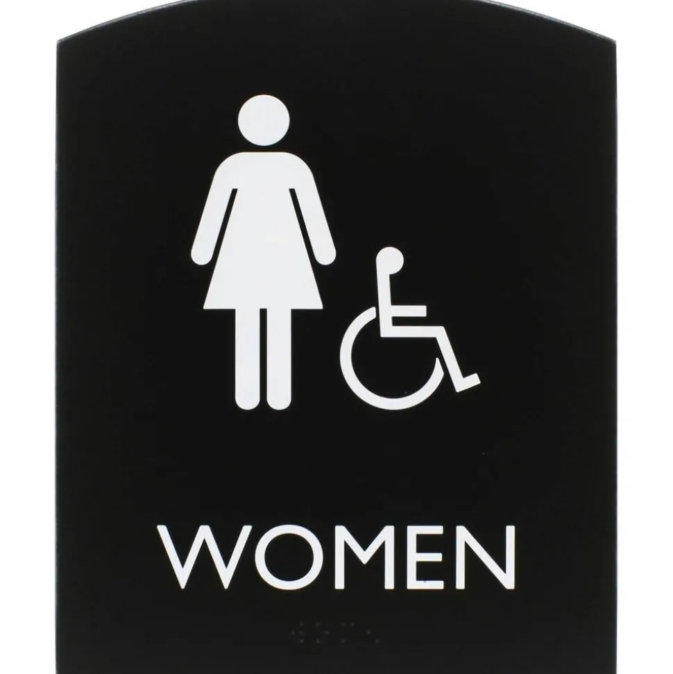 Lorell Arched Women's Handicap Restroom Sign - Print/Message "Women" - 6.8" Width x 8.5" Height - Rectangular Shape - Surface-mountable - Easy Readability, Braille - Plastic - Black - 1 Each