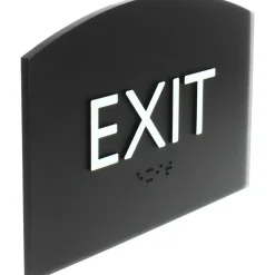 Lorell Exit Sign, 4.5"W x 6.8"H, Curved Shape, Surface-mountable, Easy Readability, Braille, Indoor, Plastic, Black