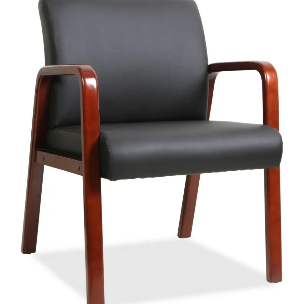 Lorell Bonded Leather/Wood Guest Chair, Black/Cherry Mahogany
