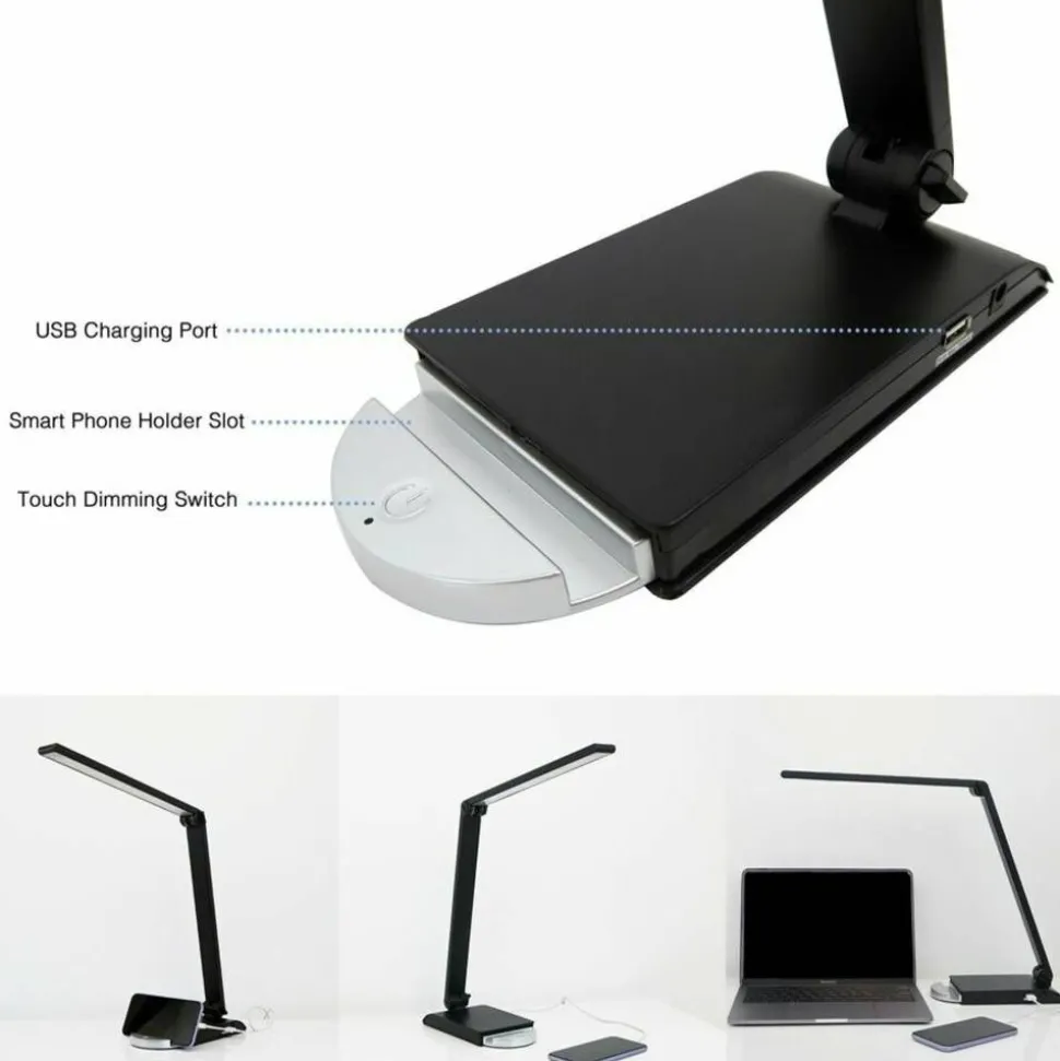 Lorell LED USB Smart Device Station Task Light, Dimmable, Black