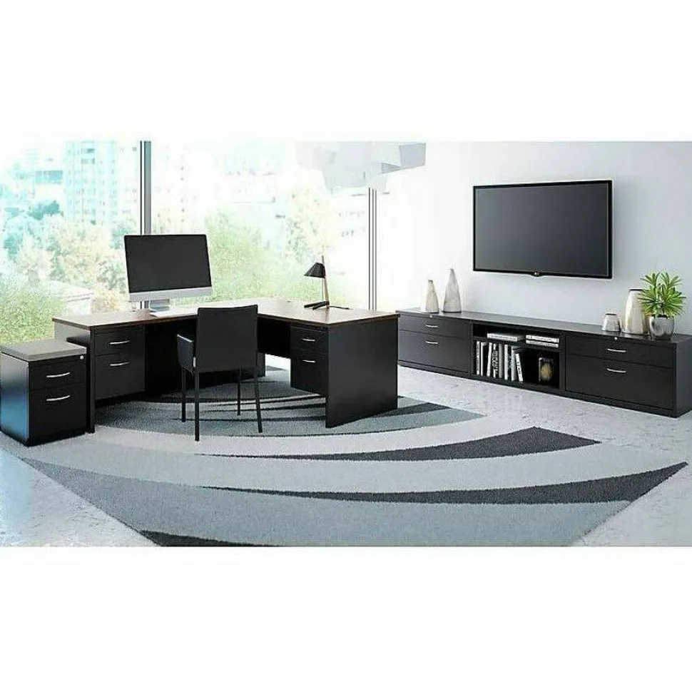 Lorell Modular 48"W x 30"D Right Pedestal Desk, Black/Walnut