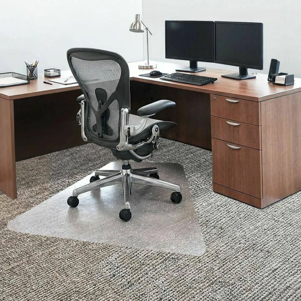 Lorell PlushMat Medium Pile Studded Chair Mat, For L-Workstation With Lip, 60 "x 66", Clear