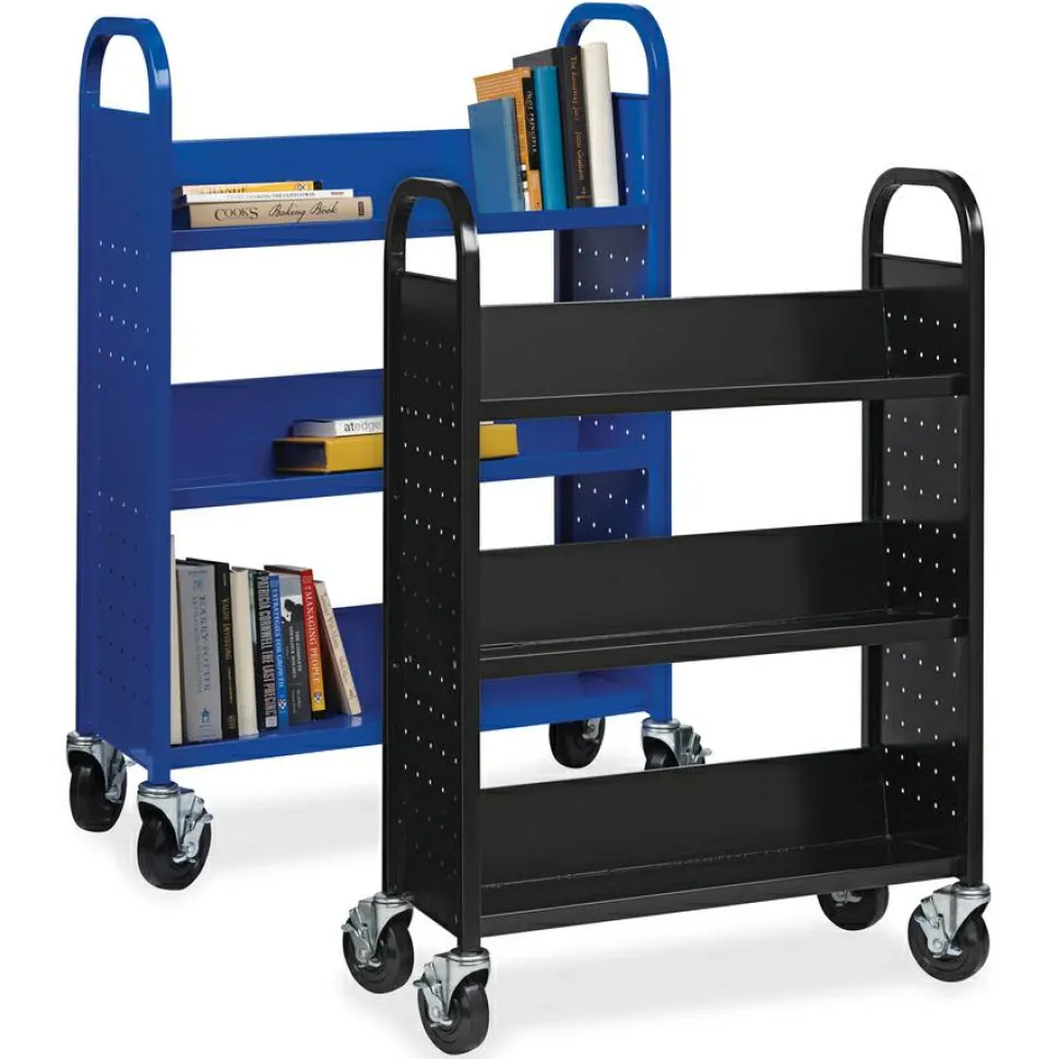 Lorell Single-Sided Mobile Steel Book Cart, 3-Shelf, Blue