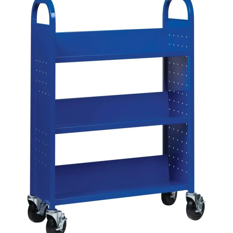 Lorell Single-Sided Mobile Steel Book Cart, 3-Shelf, Blue