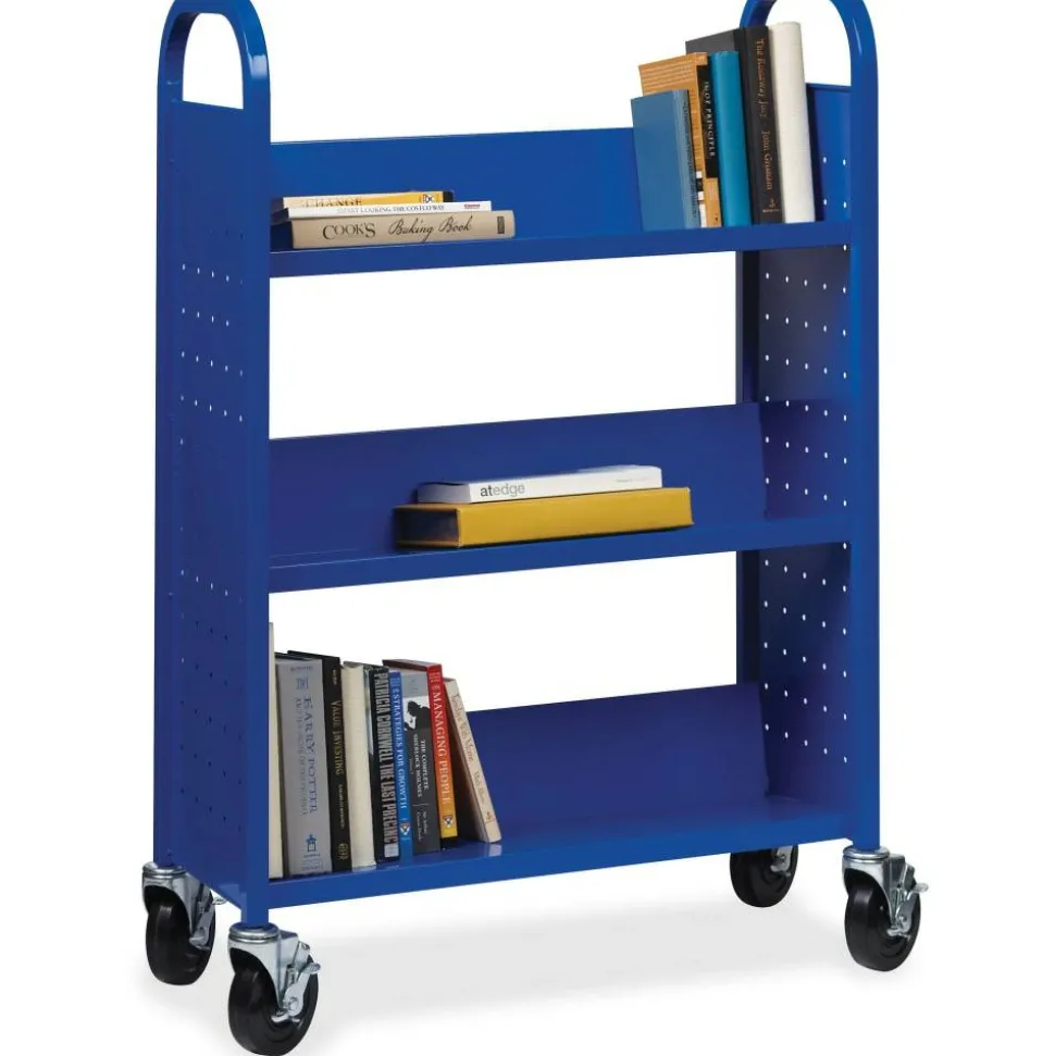 Lorell Single-Sided Mobile Steel Book Cart, 3-Shelf, Blue