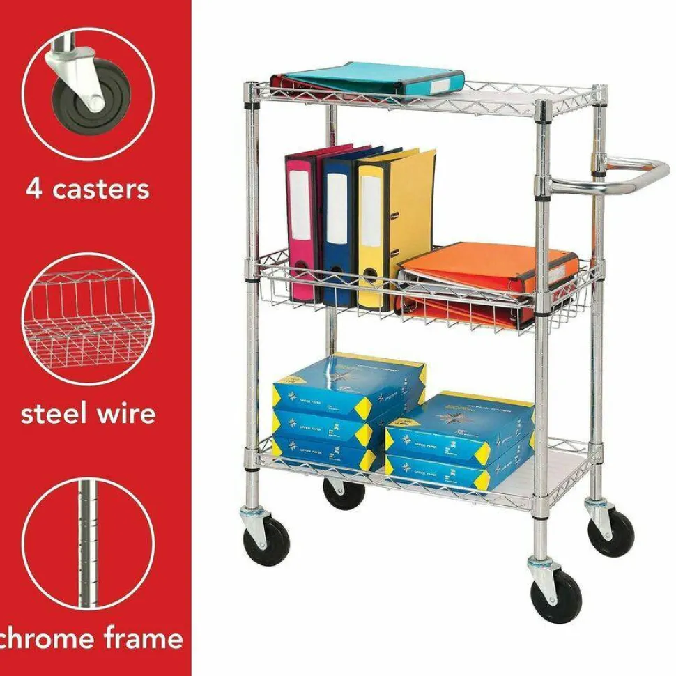 Lorell 3-Tier Steel Rolling Cart, 16"W x 26"D x 40"H, Chrome