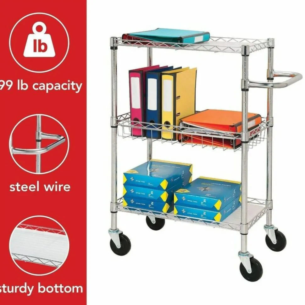Lorell 3-Tier Steel Rolling Cart, 16"W x 26"D x 40"H, Chrome
