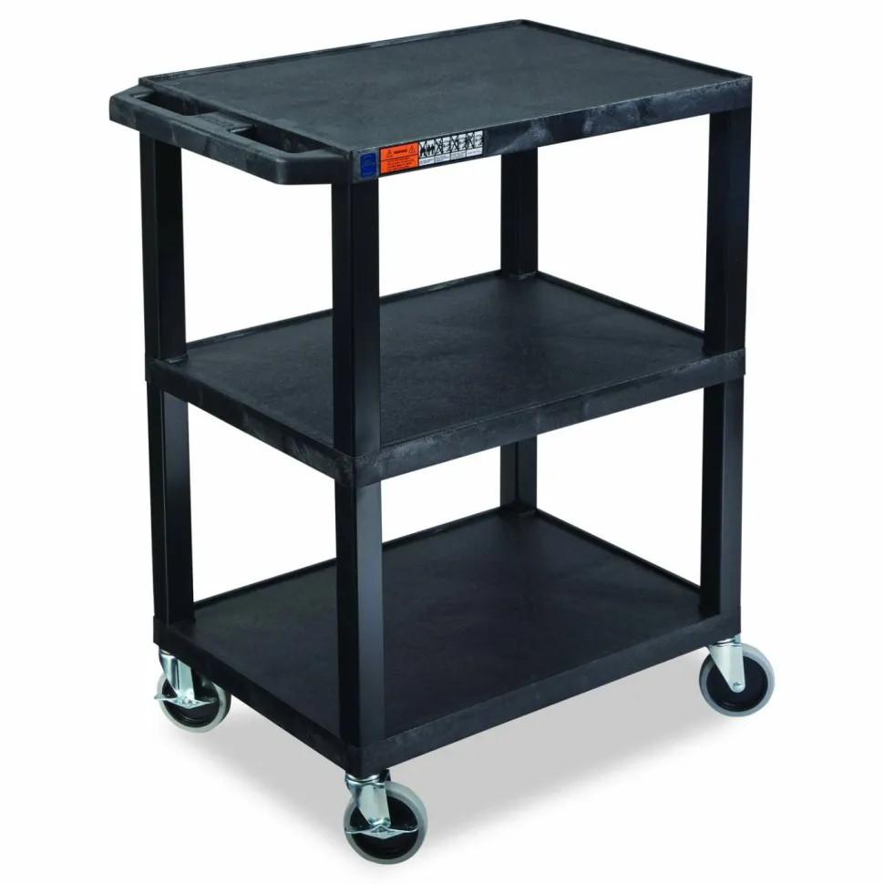 Luxor TUFFY Three-Shelf Multipurpose Utility Cart, Plastic, 300 lb Capacity, 26.5" x 18.5" x 34", Black