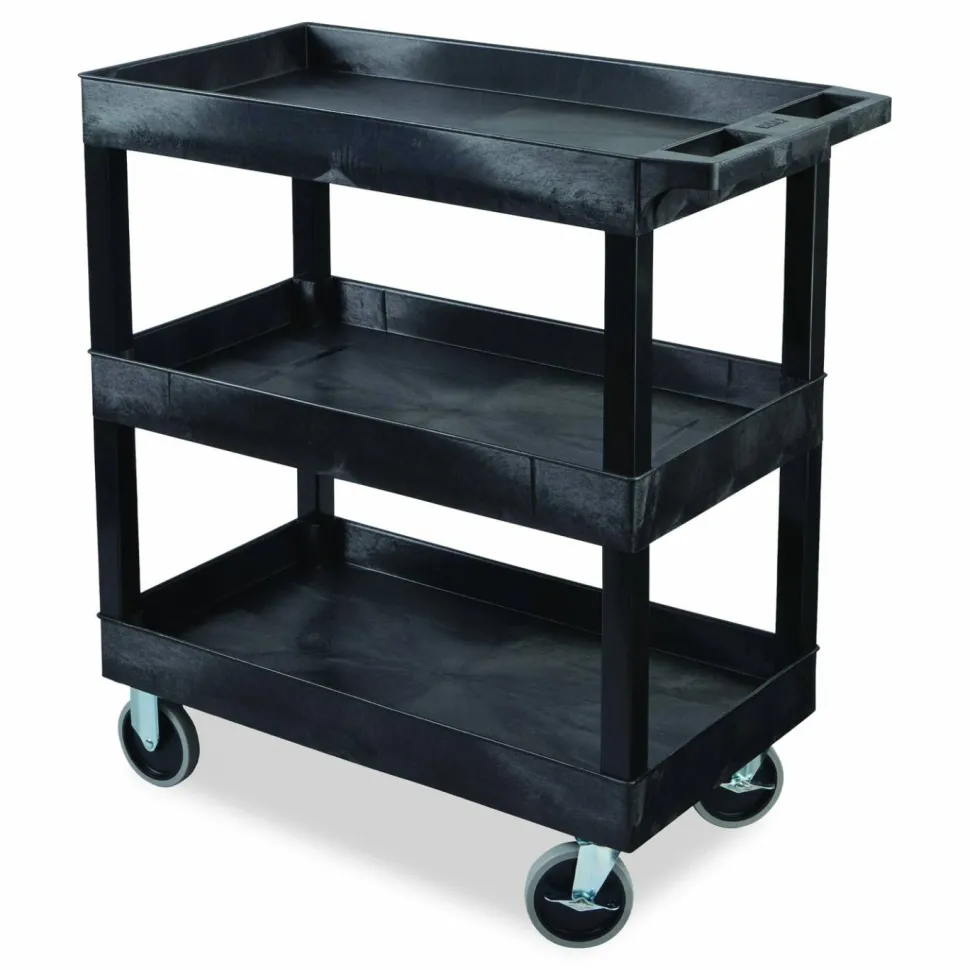 Luxor TUFFY XL Three-Shelf Heavy-Duty Multipurpose Utility Cart, Plastic, 375 lb Capacity, 35.25" x 18" x 37.25", Black