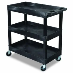 Luxor Tuffy XL Three-Shelf Utility Cart with Tub Shelves, Plastic, 300 lb Capacity, 35" x 18" x 36", Black
