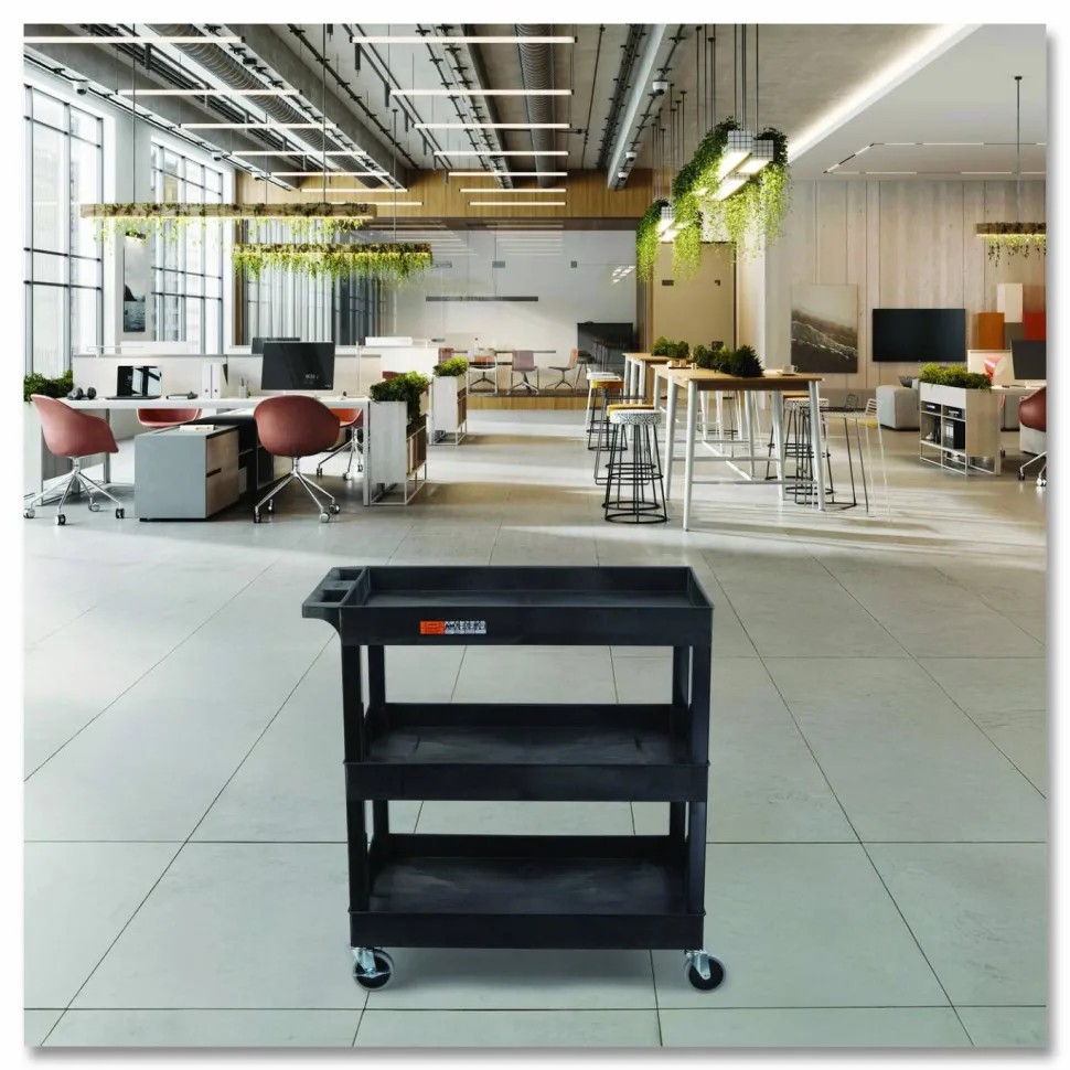Luxor Tuffy XL Three-Shelf Utility Cart with Tub Shelves, Plastic, 300 lb Capacity, 35" x 18" x 36", Black