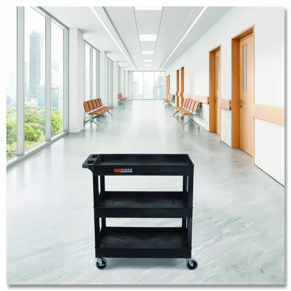 Luxor Tuffy XL Three-Shelf Utility Cart with Tub Shelves, Plastic, 300 lb Capacity, 35" x 18" x 36", Black