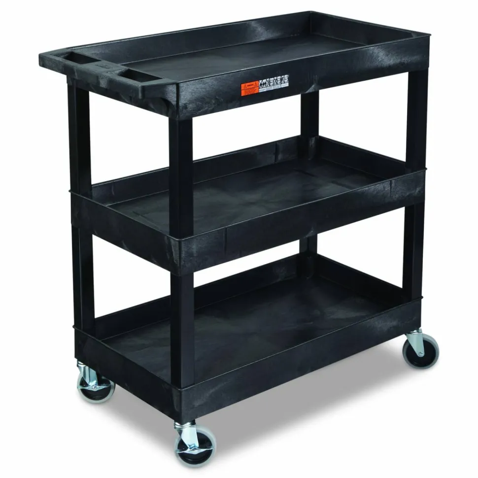Luxor Tuffy XL Three-Shelf Utility Cart with Tub Shelves, Plastic, 300 lb Capacity, 35" x 18" x 36", Black