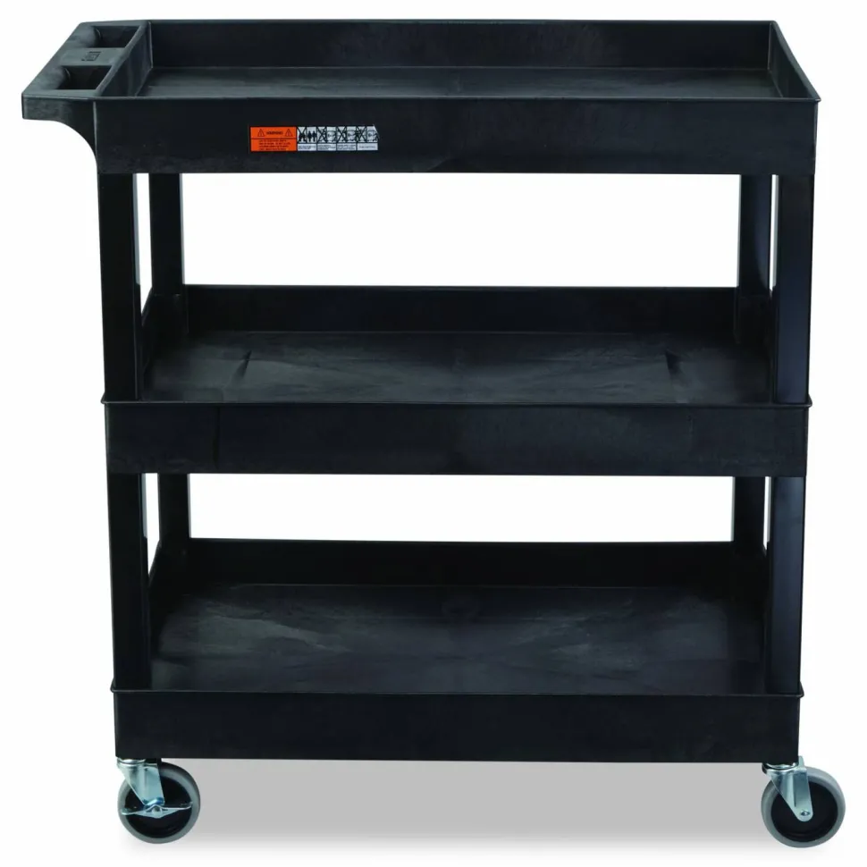 Luxor Tuffy XL Three-Shelf Utility Cart with Tub Shelves, Plastic, 300 lb Capacity, 35" x 18" x 36", Black