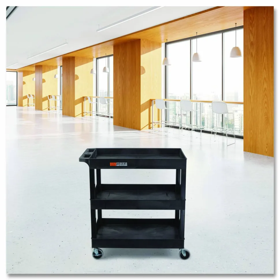 Luxor Tuffy XL Three-Shelf Utility Cart with Tub Shelves, Plastic, 300 lb Capacity, 35" x 18" x 36", Black