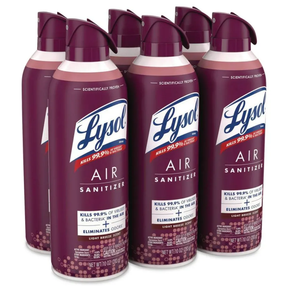 LYSOL Brand Air Sanitizer Spray, Light Breeze Scent, 10 oz Aerosol Can, 6/Carton