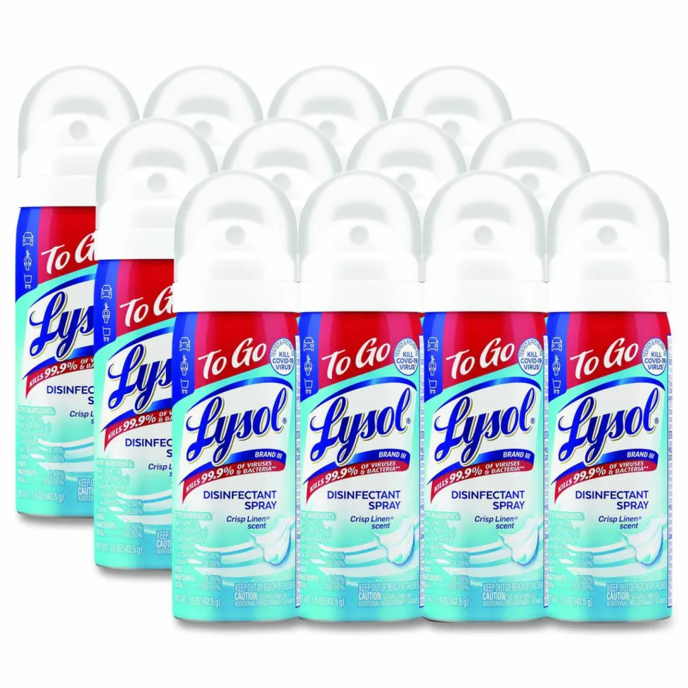 LYSOL Brand Disinfectant Spray To Go, Crisp Linen Scent, 1.5 oz Aerosol Spray, 12/Carton