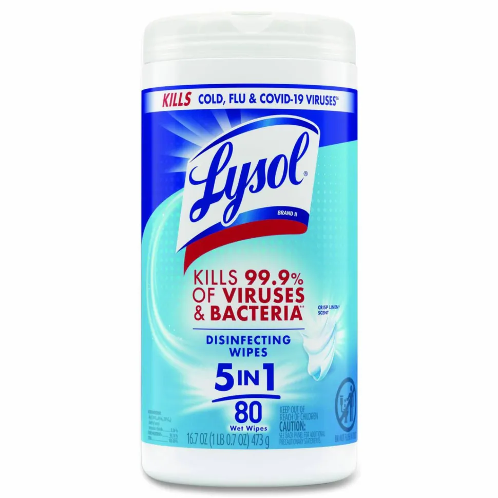 Lysol Disinfecting Wipes - Crisp Linen Scent - 7" x 7.25" - 80 / Canister - 6 / Carton - White