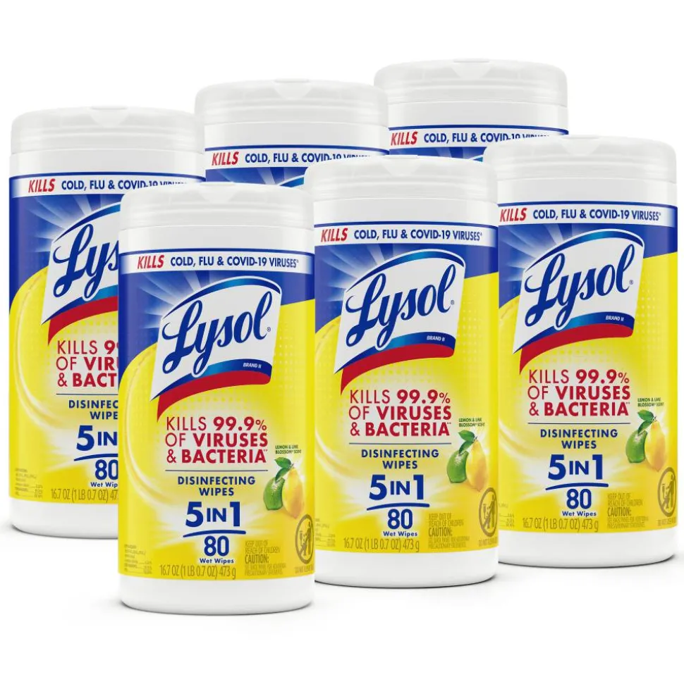Lysol Disinfecting Wipes, Lemon & Lime Blossom Scent, 80 Sheets Per Tub, Box Of 6
