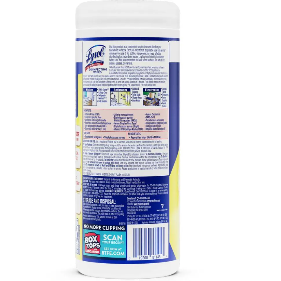 Lysol Disinfecting Wipes, Lemon & Lime Blossom Scent, 7" x 7.25", 35 Wipes Per Canister, Case Of 12