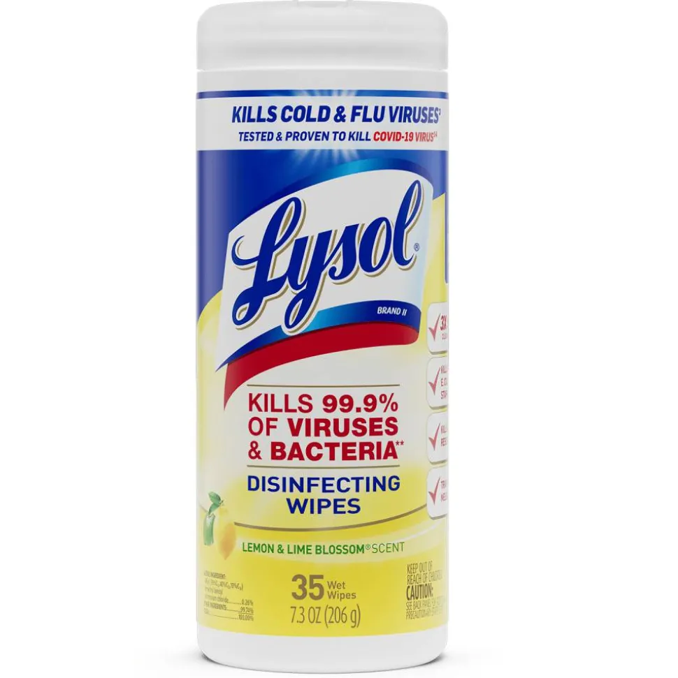 Lysol Disinfecting Wipes, Lemon & Lime Blossom Scent, 7" x 7.25", 35 Wipes Per Canister, Case Of 12
