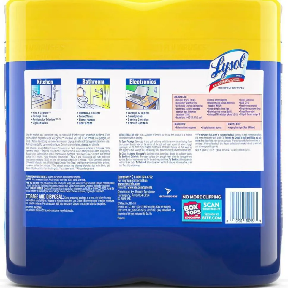 Lysol Disinfecting Wipes, Lemon Lime Scent, 80 Wipes Per Canister, Carton Of 6 Canisters