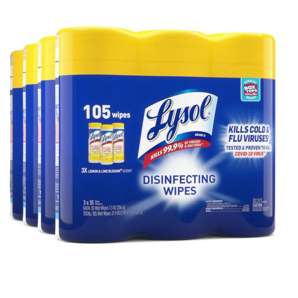 Lysol Disinfecting Wipes, 7" x 7.25", Lemon Scent, 35 Wipes Per Canister, Carton Of 12 Canisters