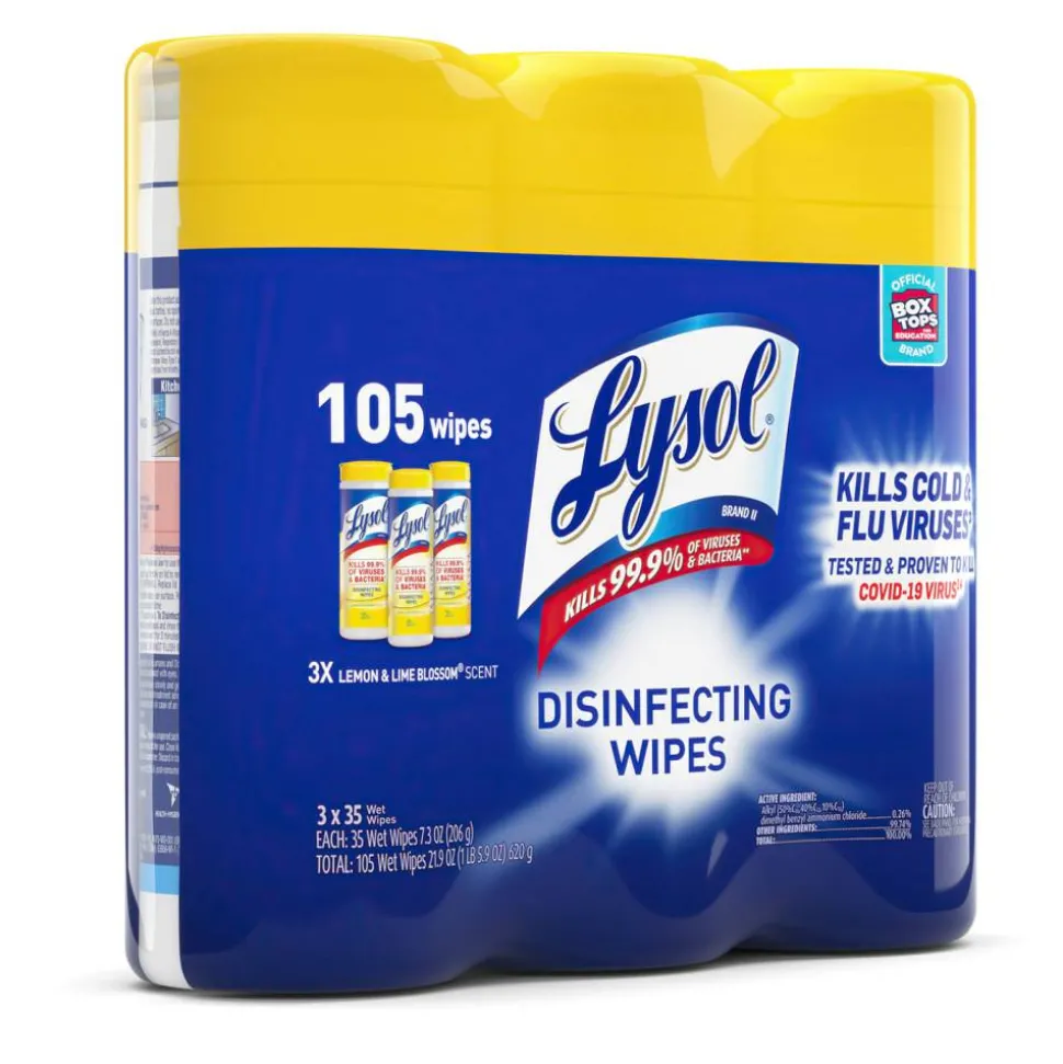 Lysol Disinfecting Wipes, 7" x 7.25", Lemon Scent, 35 Wipes Per Canister, Carton Of 12 Canisters