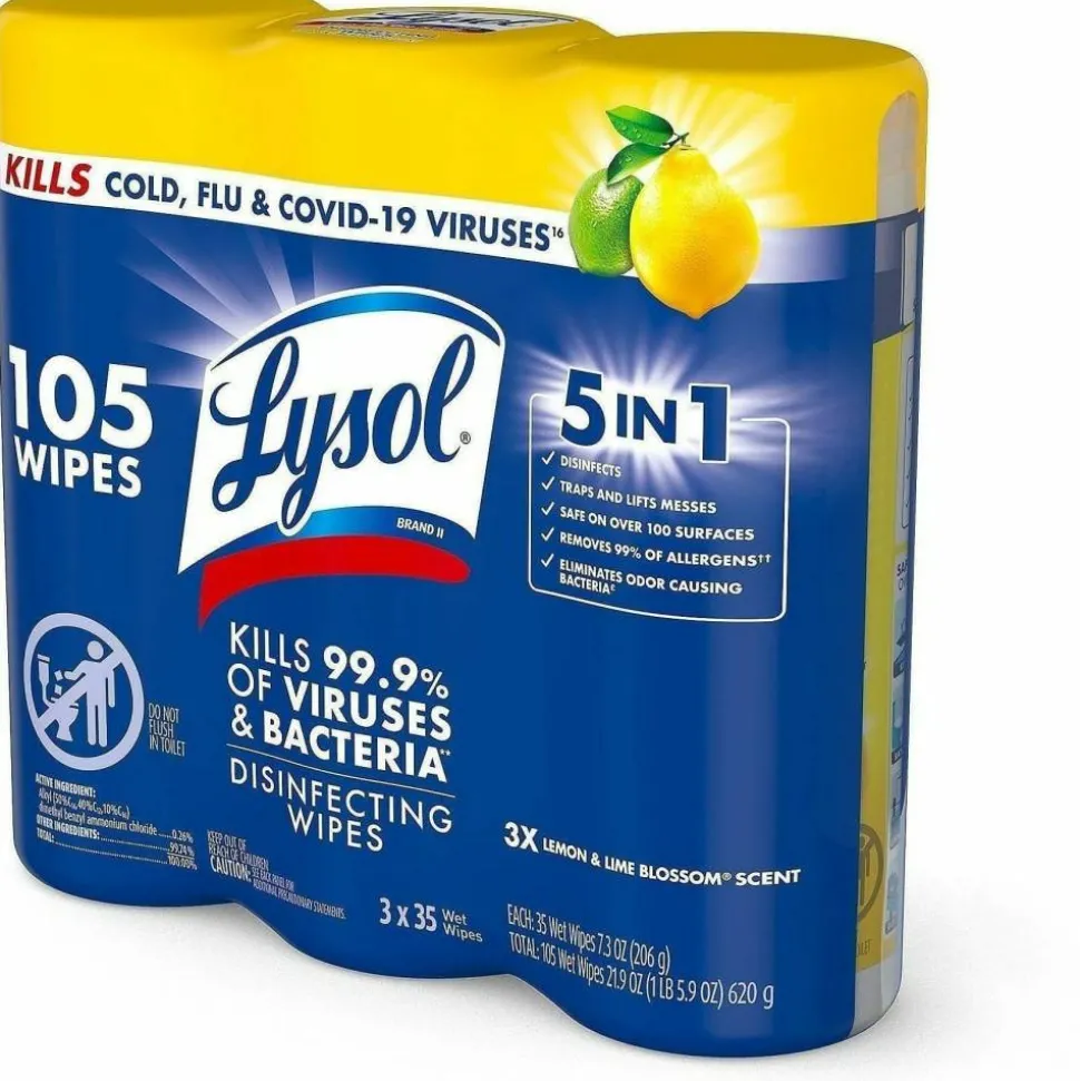 Lysol Disinfecting Wipes, 7" x 7.25", Lemon Scent, 35 Wipes Per Canister, Carton Of 12 Canisters