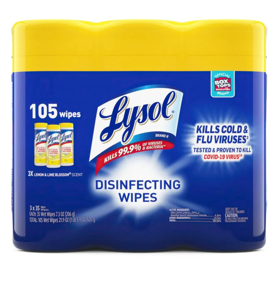 Lysol Disinfecting Wipes, 7" x 7.25", Lemon Scent, 35 Wipes Per Canister, Carton Of 12 Canisters