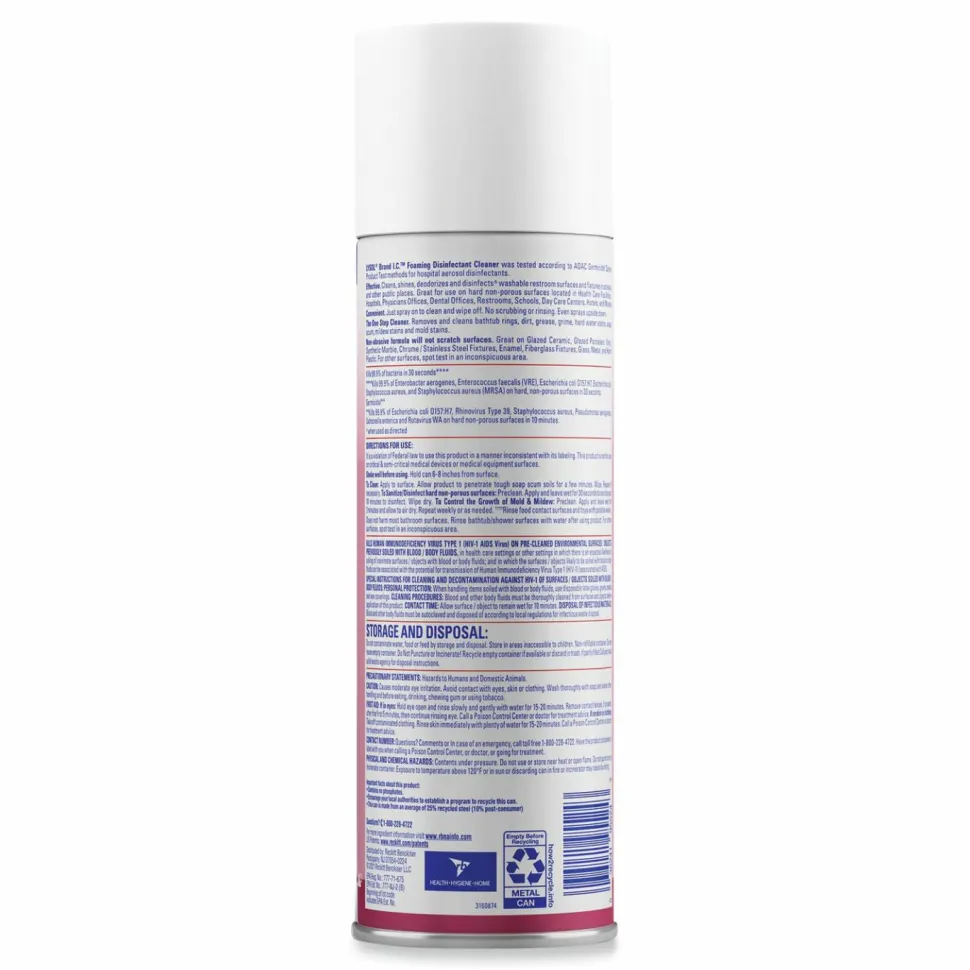 Lysol I.C. Foam Disinfectant, 24 Fl Oz, White, Pack Of 12 Cans
